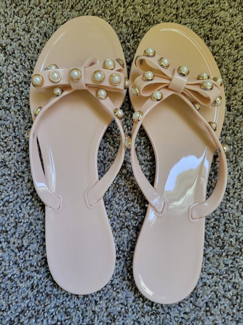 Pearl-Stud Bow Jelly Sandals — Blush Pink